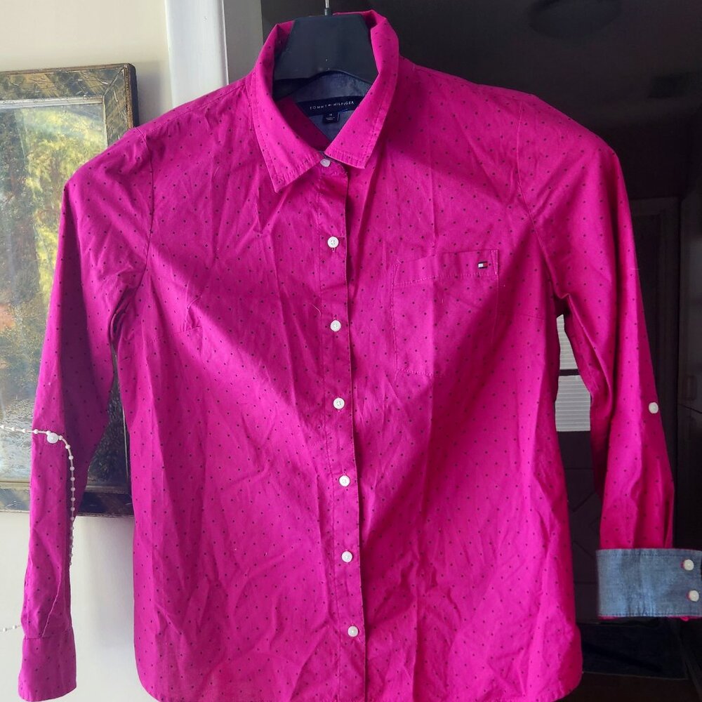 H9  Tommy H gorgeous fushia pink w/black dots & baby blue accents 100% Cotton